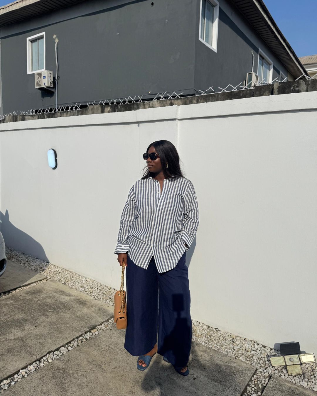 SL Signature Striped Collarless Shirt & Asooke Culotte Block-Color Pants Set