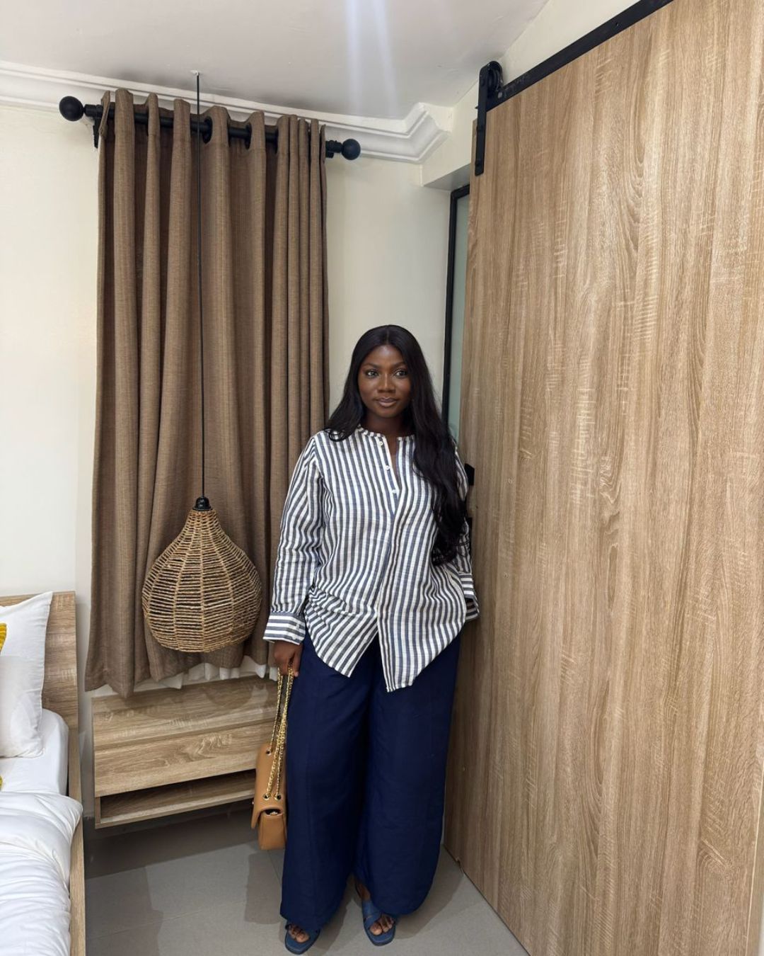 SL Signature Striped Collarless Shirt & Asooke Culotte Block-Color Pants Set